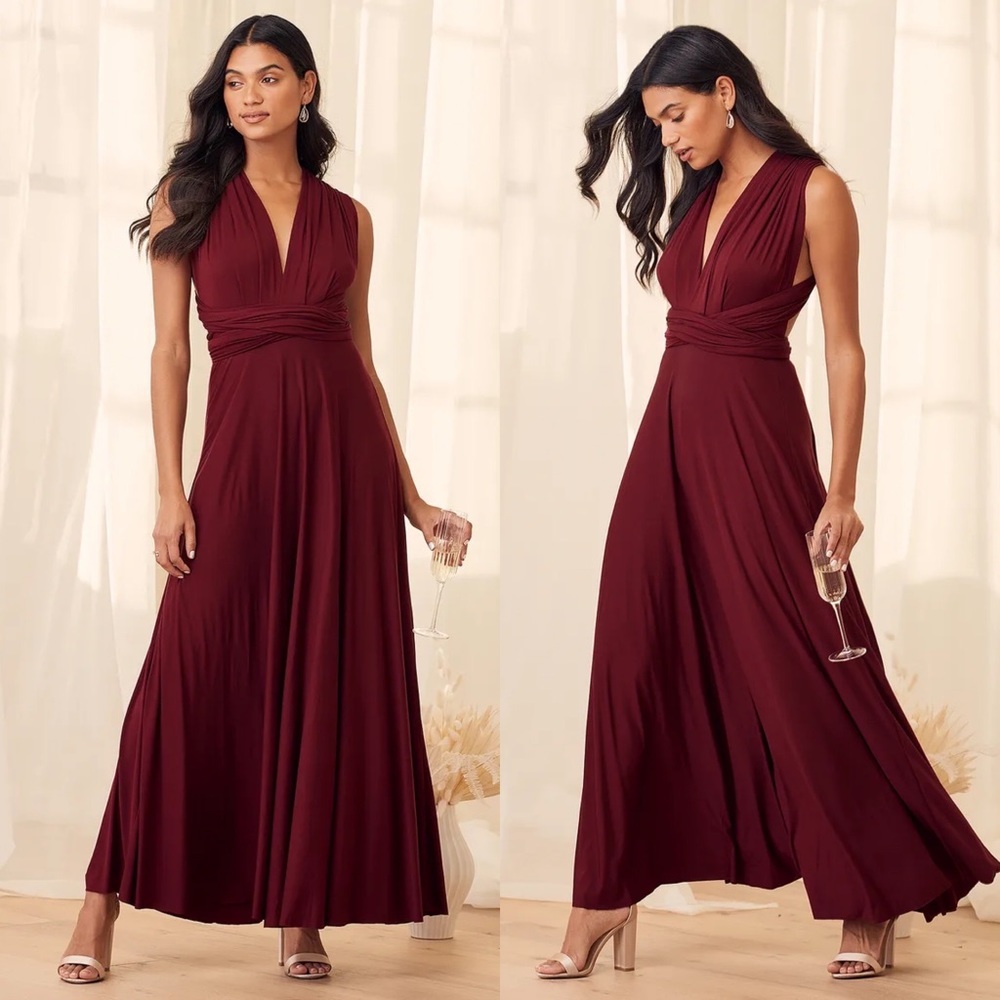 Lulus Convertible Maxi Dress Bugundy Tricks of Trade Size XS Bridesmaid Boho NWT